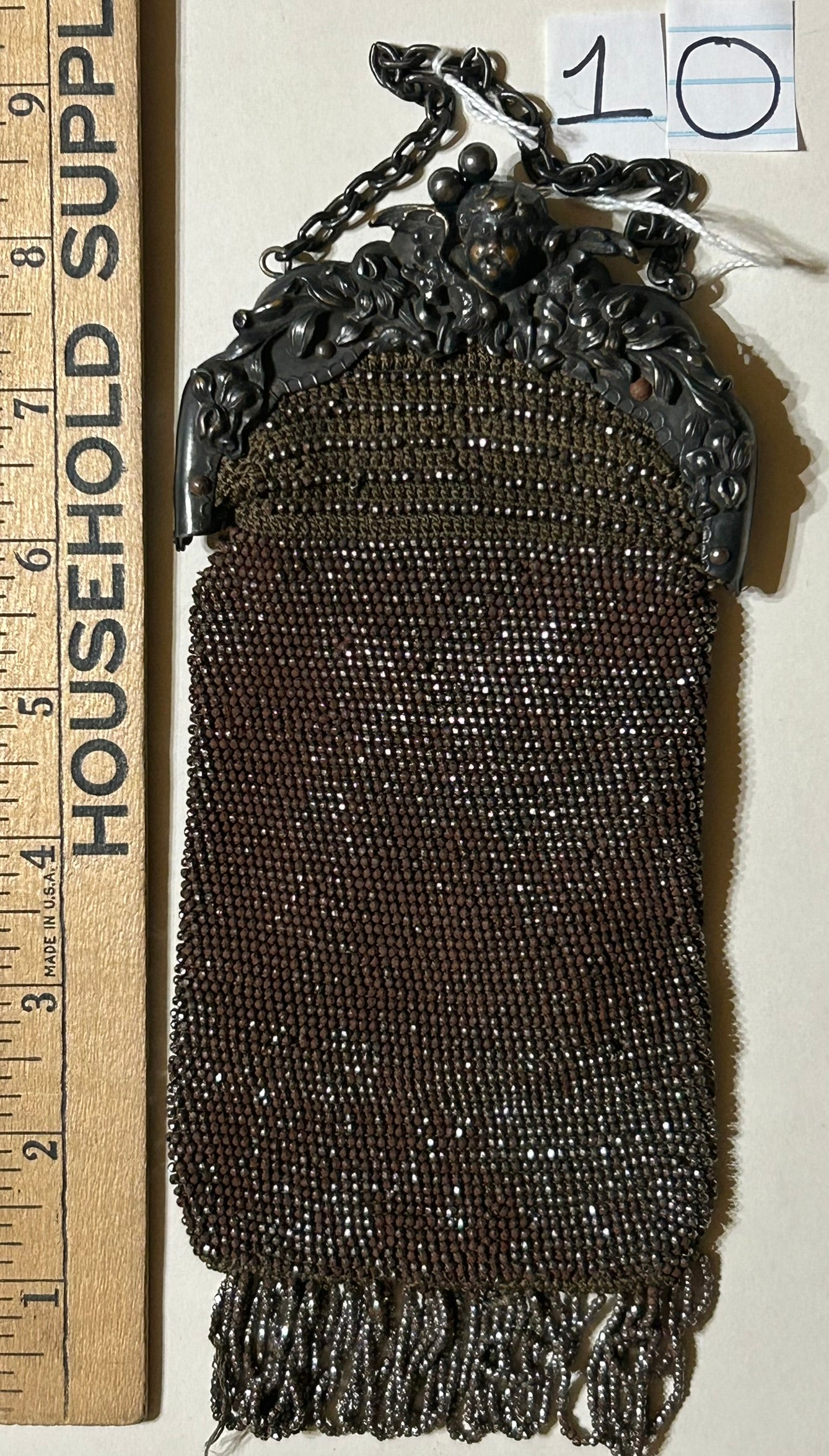 ANTIQUE PURSE WITH STEEL CUT BEADS AND ANGEL METAL FRAME