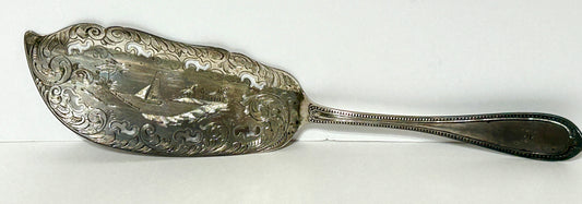 SILVER ANTIQUE FISH SERVER WITH SCENIC DESIGN