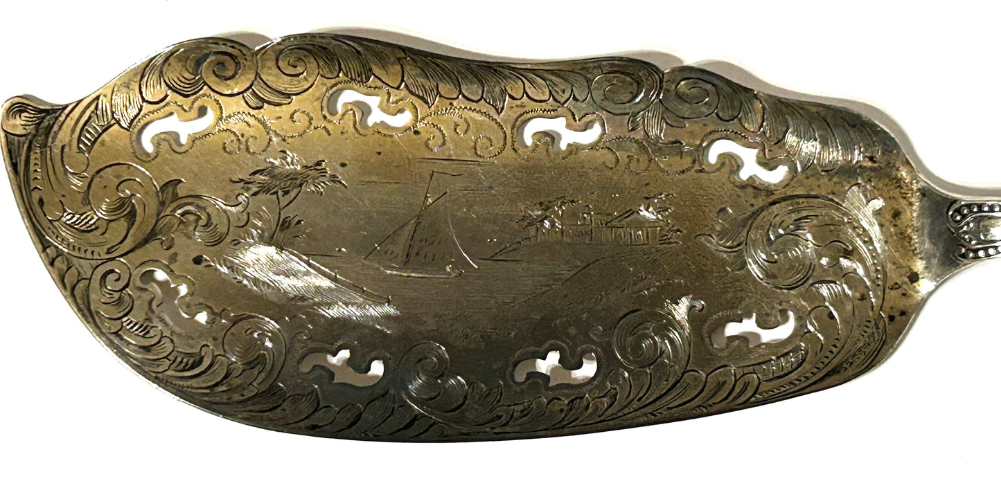 SILVER ANTIQUE FISH SERVER WITH SCENIC DESIGN