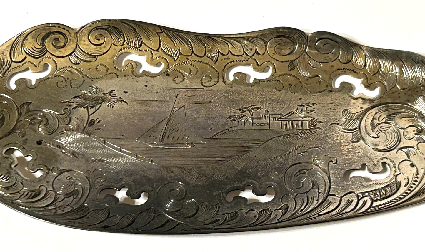 SILVER ANTIQUE FISH SERVER WITH SCENIC DESIGN