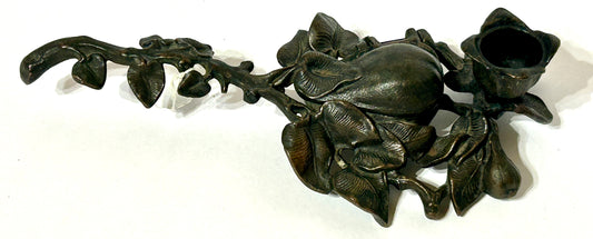 IRON ANTIQUE CANDLE AND MATCH HOLDER WITH FIGURAL PEAR AND LEAVES DESIGN
