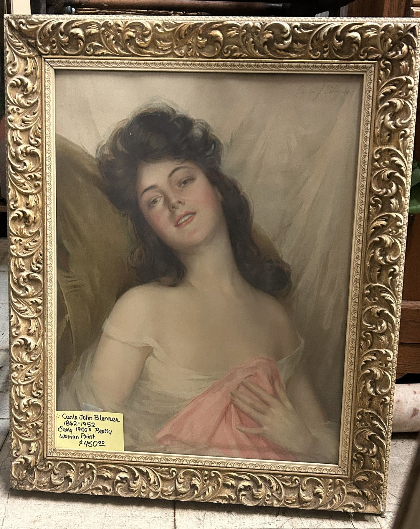 ANTIQUE PRETTY WOMAN PRINT BY CARLE JOHN BLENNER