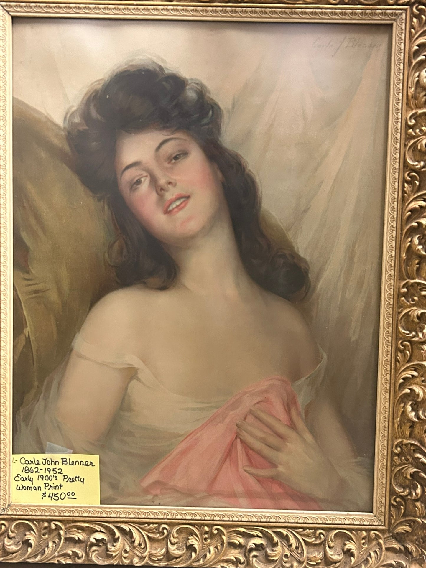 ANTIQUE PRETTY WOMAN PRINT BY CARLE JOHN BLENNER