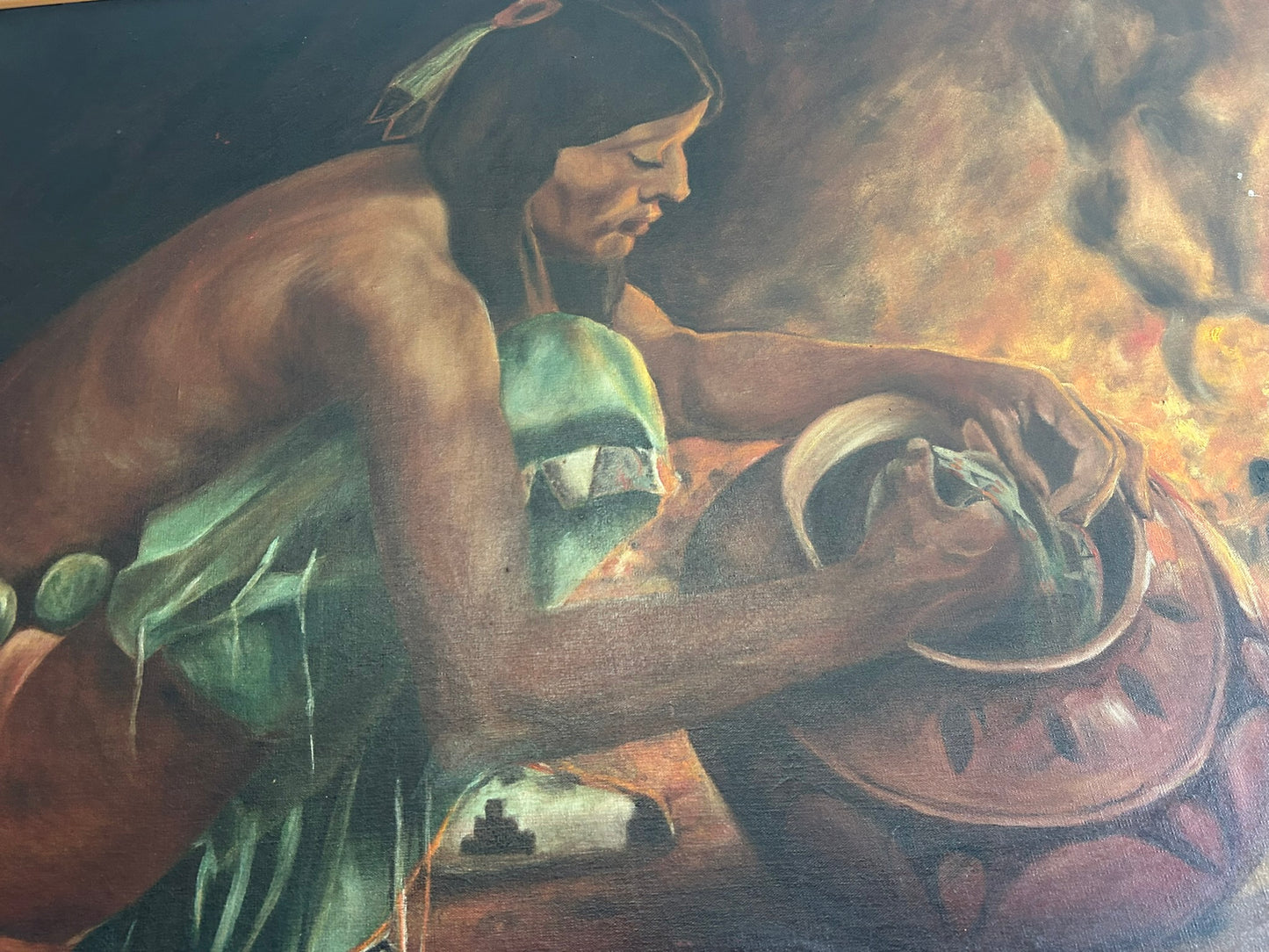 NATIVE AMERICAN WITH POTTERY VESSEL 1920'S PAINTING