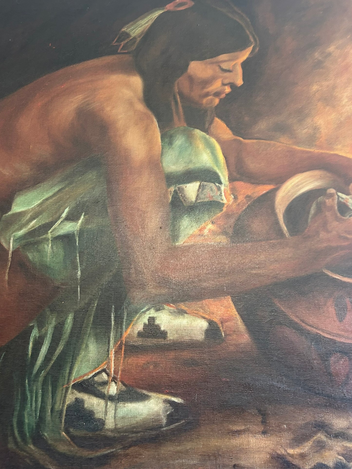NATIVE AMERICAN WITH POTTERY VESSEL 1920'S PAINTING