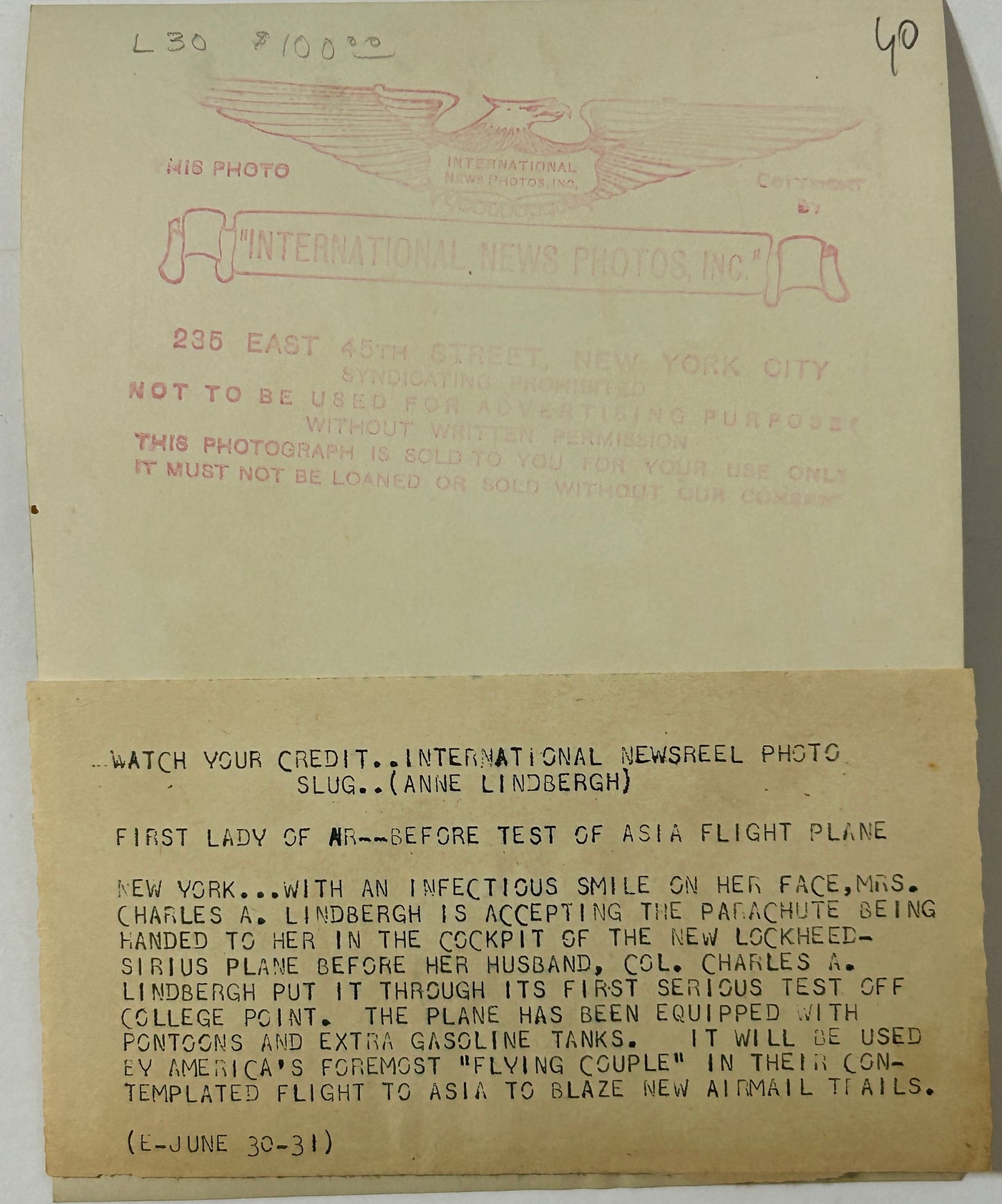 PHOTO OF MRS. CHARLES LINDBERGH IN AIRPLANE IN 1931