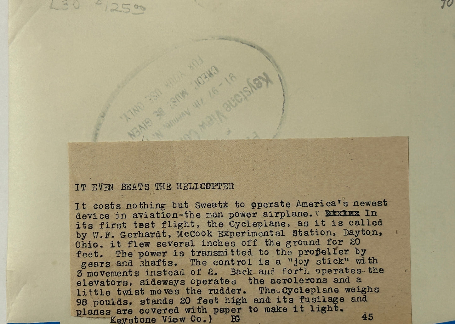 ANTIQUE PHOTOGRAPH OF MAN POWERED AIRPLANE