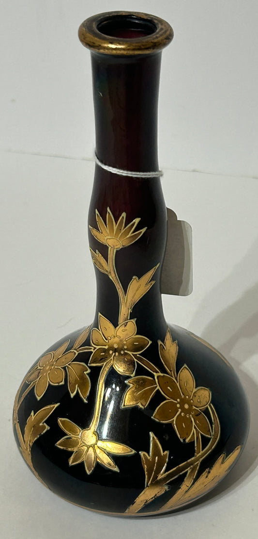 ANTIQUE BARBER BOTTLE DARK PURPLE WITH GILT DESIGN