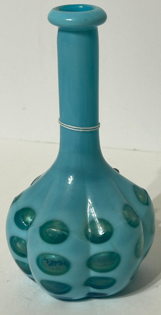 ANTIQUE BARBER BOTTLE OF BLUE OVERLAY GLASS