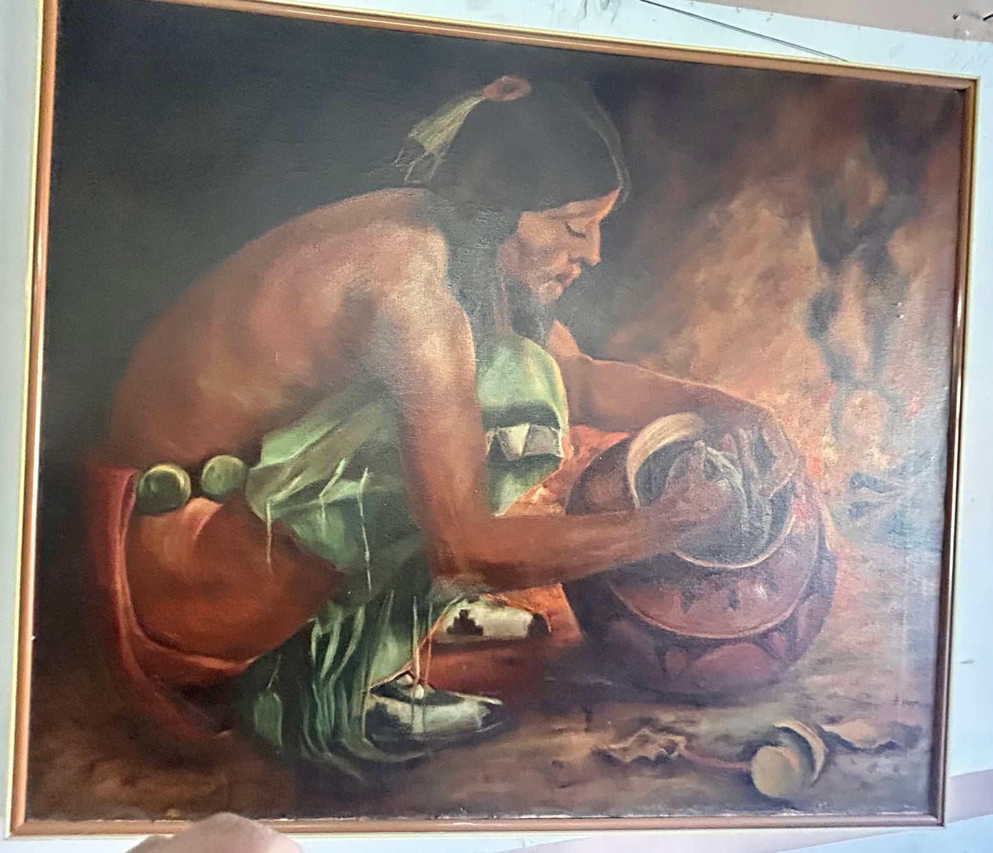 NATIVE AMERICAN WITH POTTERY VESSEL 1920'S PAINTING