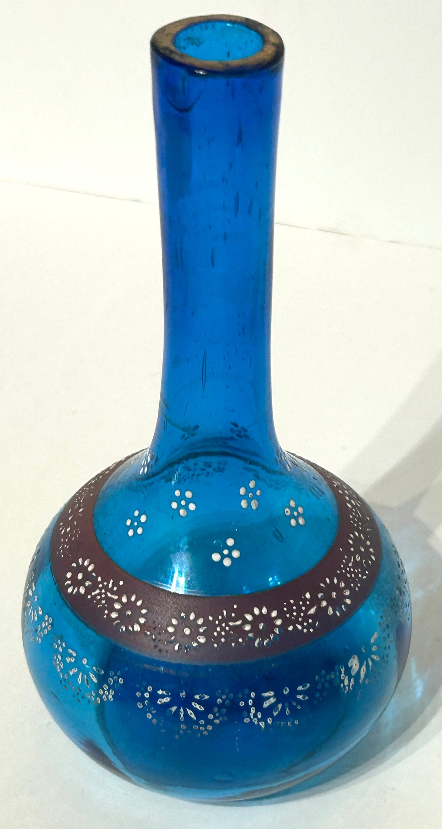 ANTIQUE BARBER BOTTLE ENAMELED BLUE GLASS