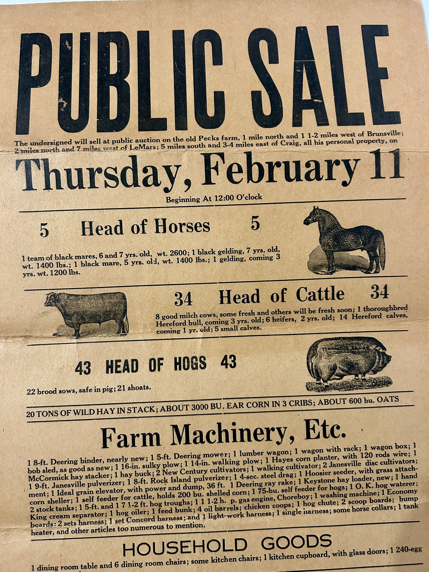 ANTIQUE ILLUSTRASTED FARM PUBLIC SALE BILL AT LEMARS IOWA