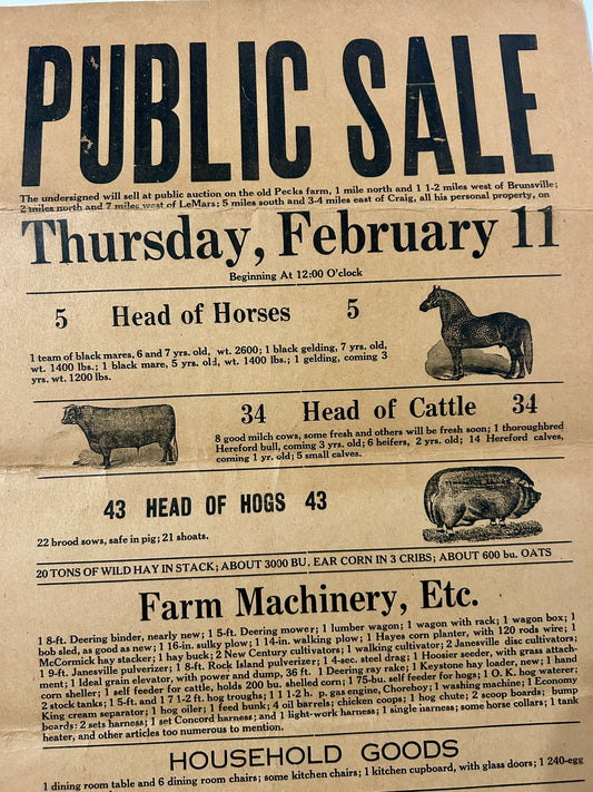 ANTIQUE ILLUSTRASTED FARM PUBLIC SALE BILL AT LEMARS IOWA