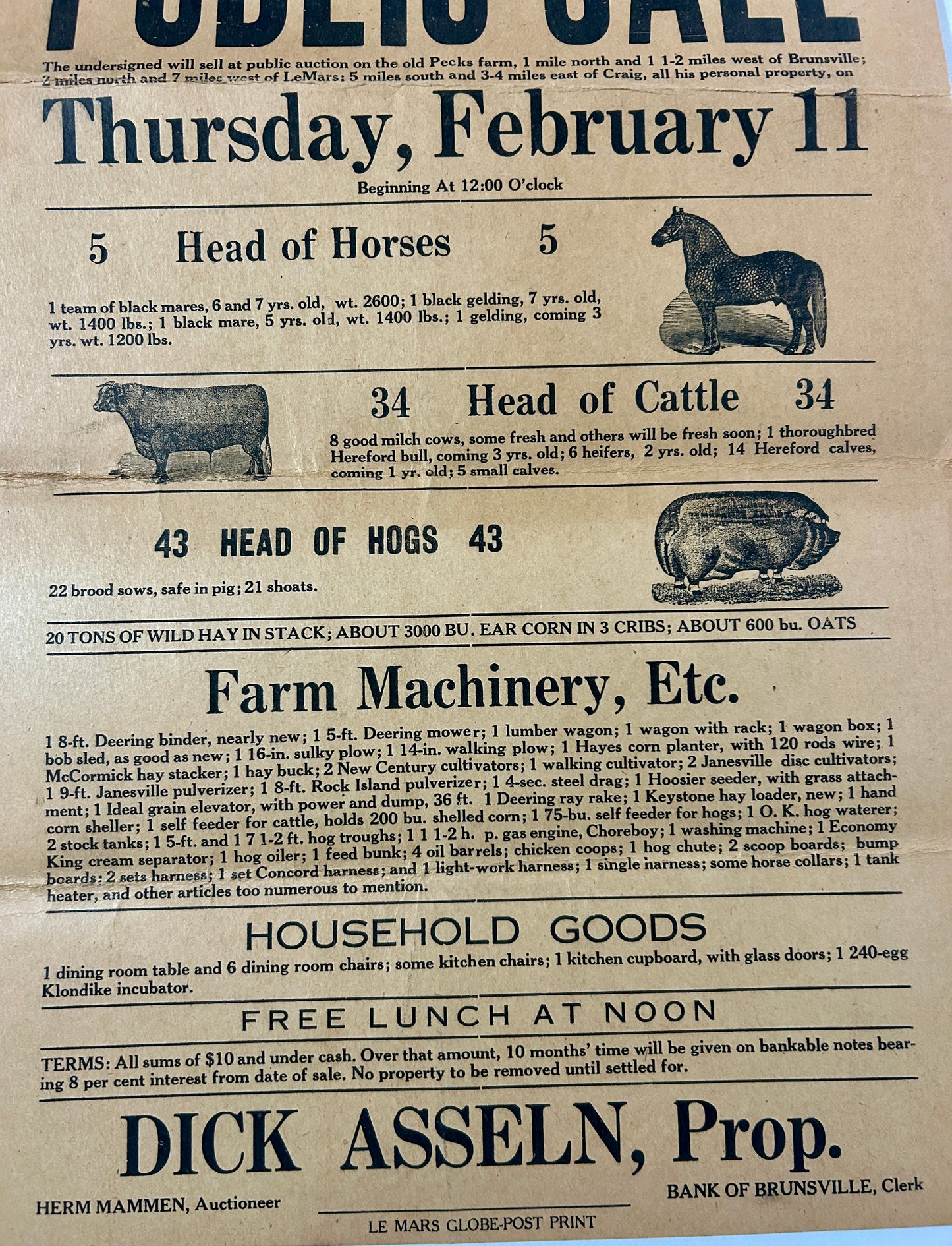ANTIQUE ILLUSTRASTED FARM PUBLIC SALE BILL AT LEMARS IOWA