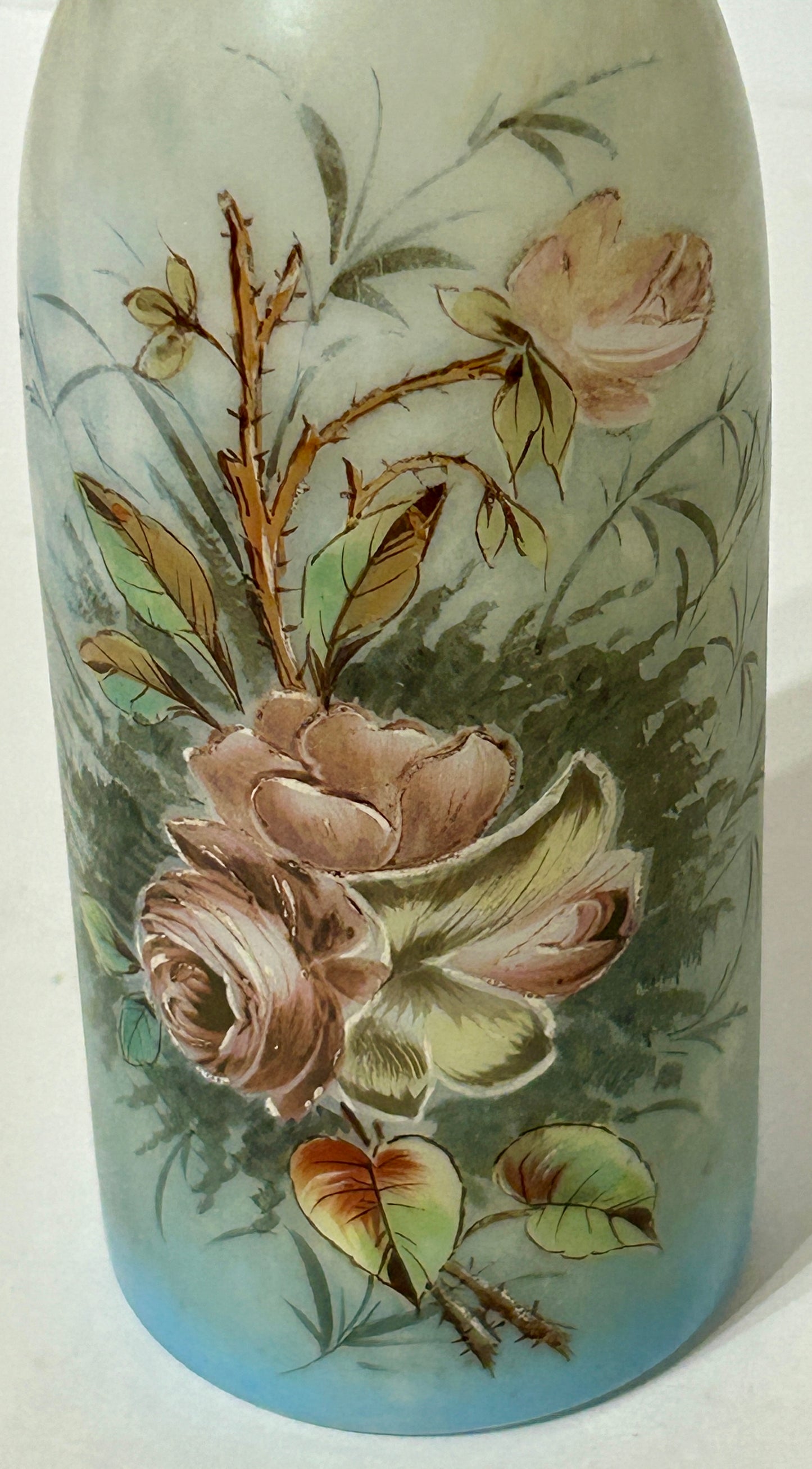 ANTIQUE BARBER BOTTLE WITH HAND PAINTED ROSES
