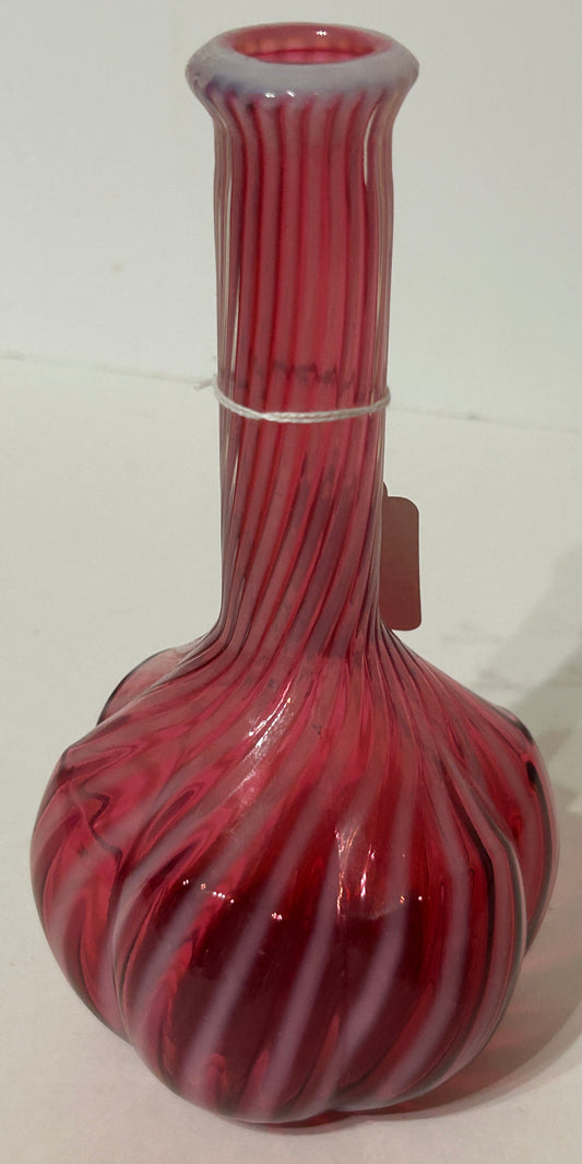 BARBER BOTTLE IN CRANBERRY OPALESCENT SWIRL GLASS