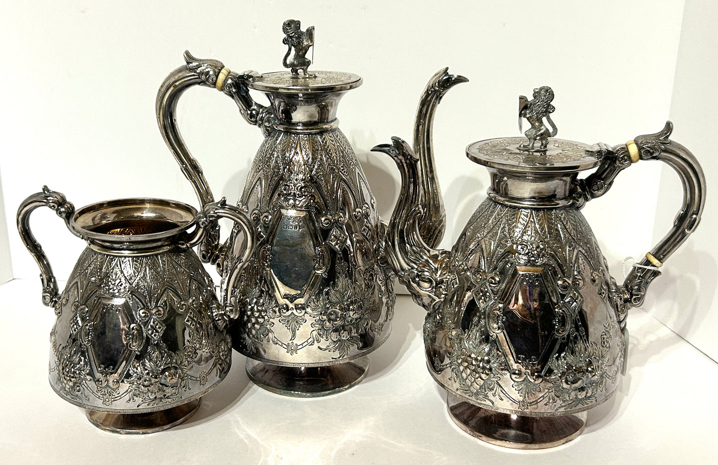 STERLING ANTIQUE WALKER & HALL COFFEE POT, TEAPOT & SPOONER. CALL OR TEXT FOR INFORMATION