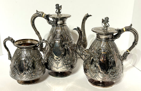 STERLING ANTIQUE WALKER & HALL COFFEE POT, TEAPOT & SPOONER. CALL OR TEXT FOR INFORMATION