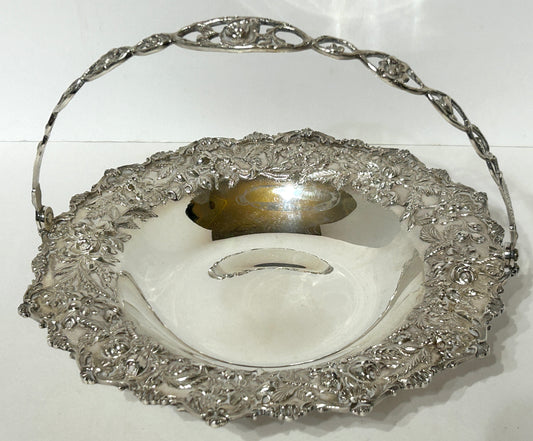 KIRK STERLING ANTIQUE BASKET IN FANCY FLORAL DESIGN