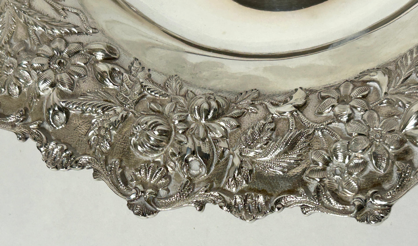 KIRK STERLING ANTIQUE BASKET IN FANCY FLORAL DESIGN