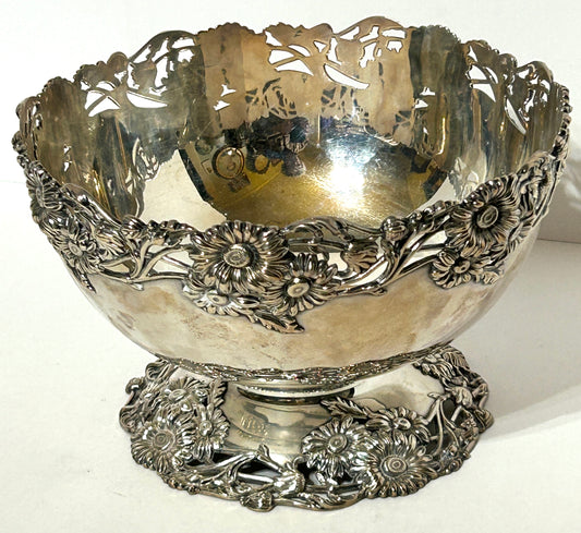 ANTIQUE STERLING SILVER RETICULATED FLORAL COMPOTE BY REDLICH & CO,