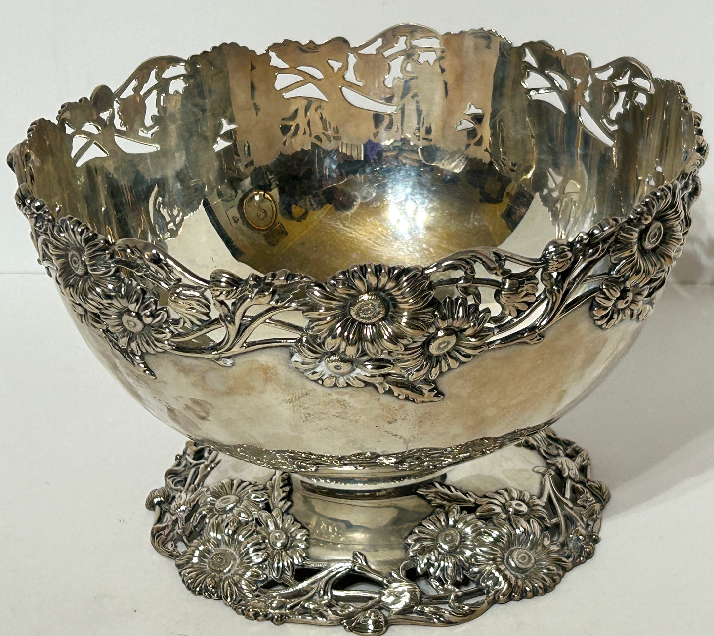 ANTIQUE STERLING SILVER RETICULATED FLORAL COMPOTE BY REDLICH & CO,