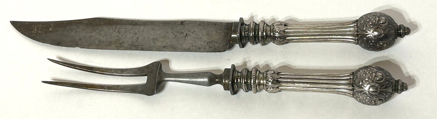 ANTIQUE CARVING SET WITH SILVER HANDLES