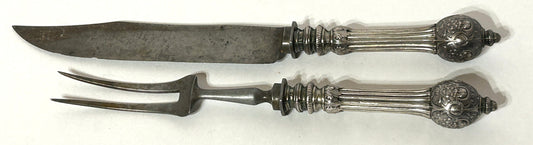 ANTIQUE CARVING SET WITH SILVER HANDLES