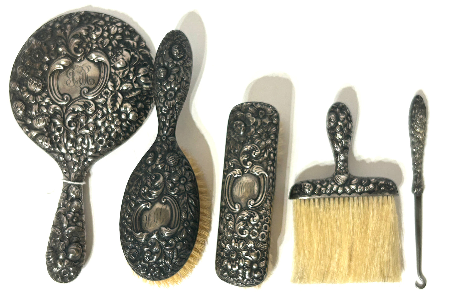 GORHAM STERLING SILVER ANTIQUE FLORAL DRESSER SET