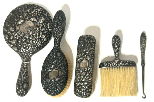 GORHAM STERLING SILVER ANTIQUE FLORAL DRESSER SET