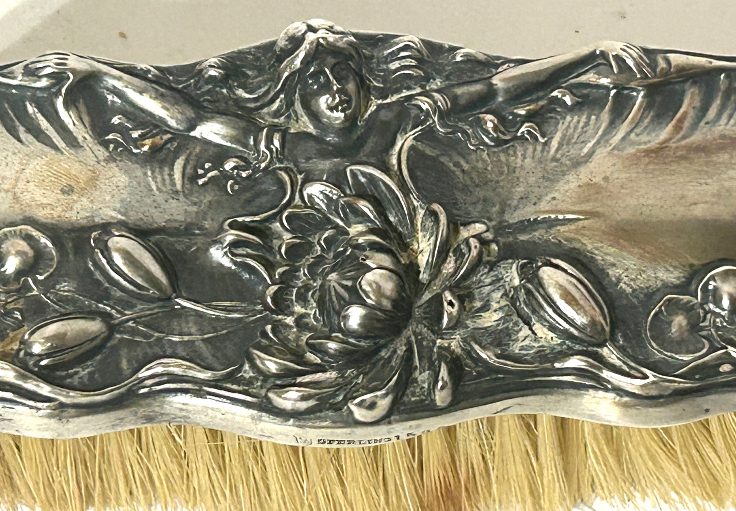 ANTIQUE ART NOVEAU STERLING LADY AND LILY PAD BRUSH BY SIMONS BROS.