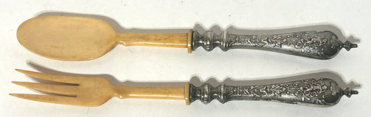 SILVER HANDLES WITH CHERUBS ANTIQUE SERVING FORK AND SPOON