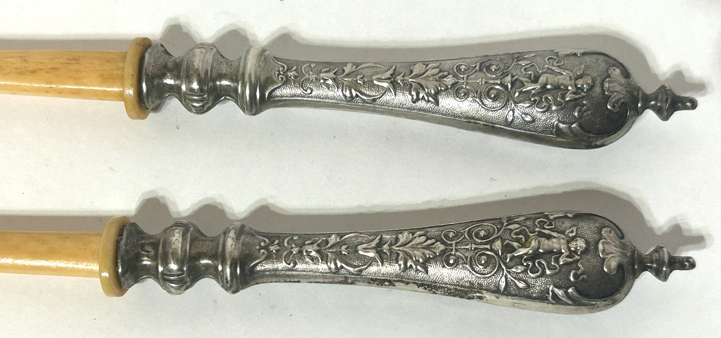 SILVER HANDLES WITH CHERUBS ANTIQUE SERVING FORK AND SPOON