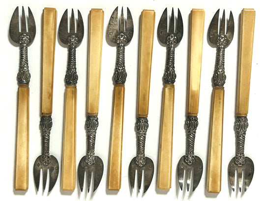 FRENCH ANTIQUE COCKTAIL FORKS SILVER AND BONE