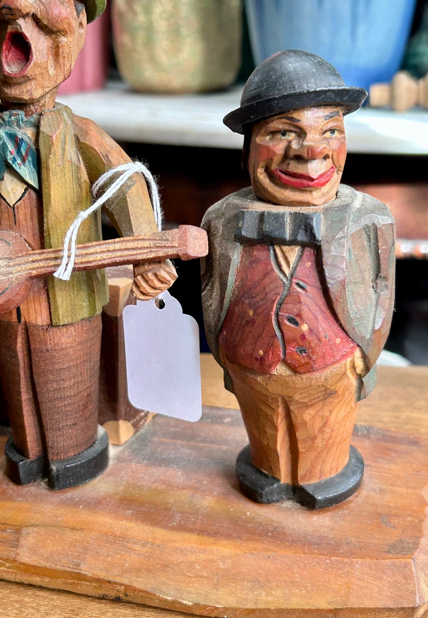 CARVED WOODEN FIGURAL BOTTLE OPENER, CORK SCREW AND BOTTLE STOPPER