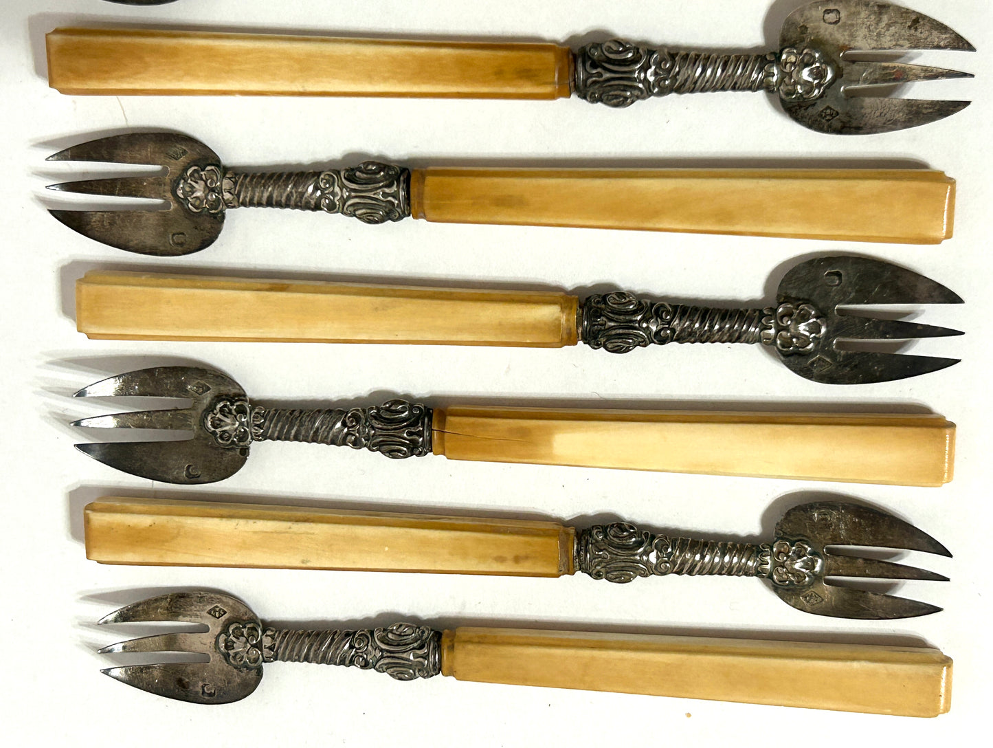 FRENCH ANTIQUE COCKTAIL FORKS SILVER AND BONE