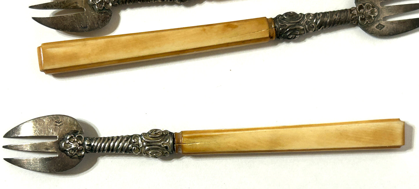 FRENCH ANTIQUE COCKTAIL FORKS SILVER AND BONE