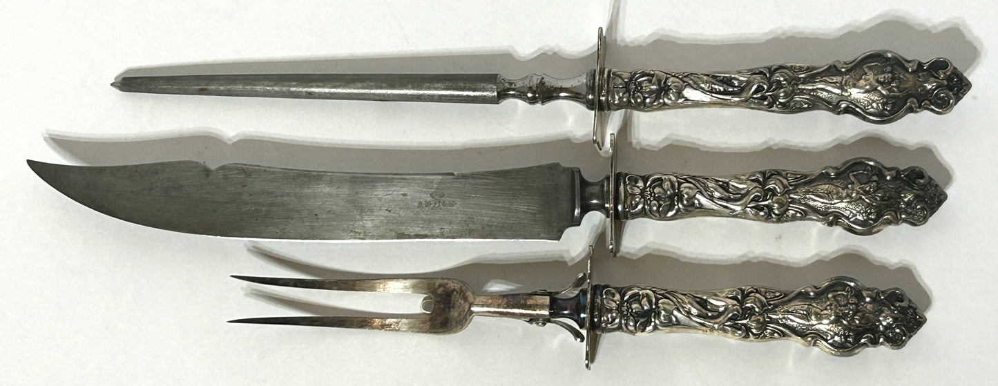 STERLING HANDLE WALLACE IRIAN PATTERN CARVING SET