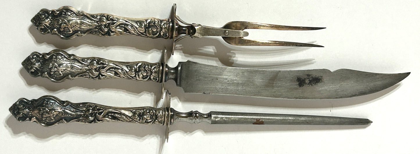 STERLING HANDLE WALLACE IRIAN PATTERN CARVING SET