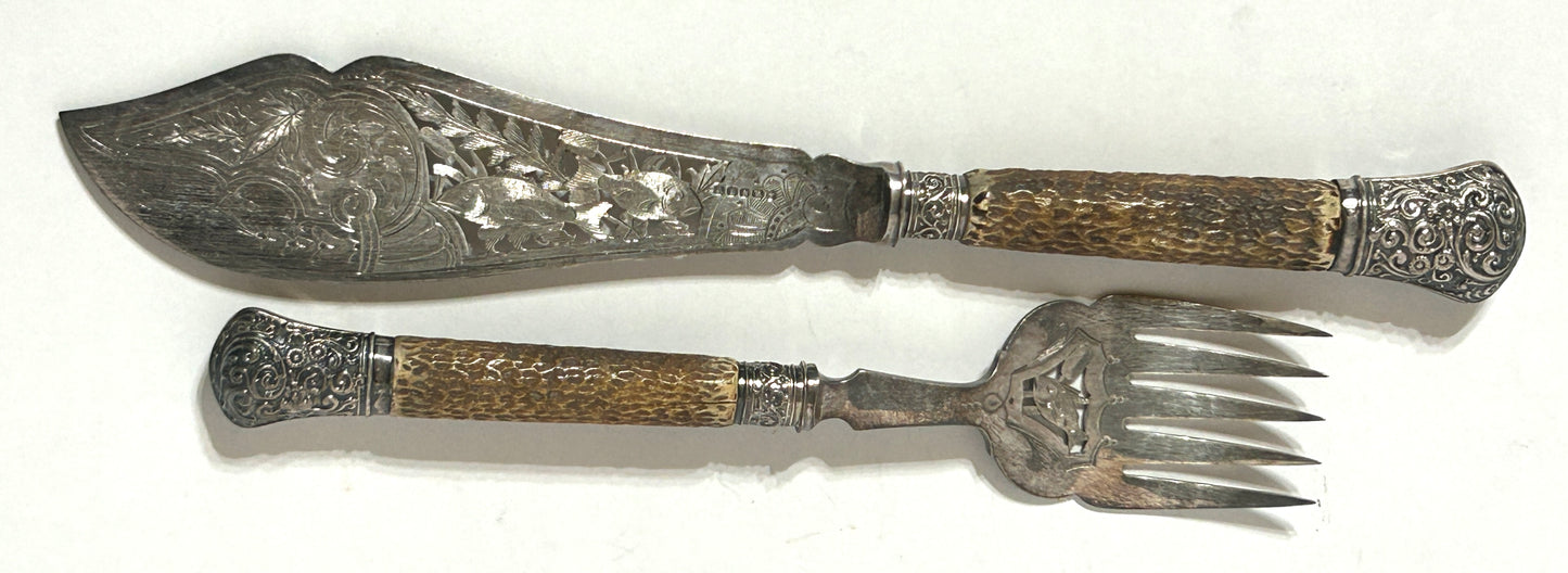 ANTIQUE FISH SERVER AND FORK STERLING AND ANTLER
