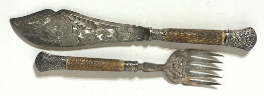 ANTIQUE FISH SERVER AND FORK STERLING AND ANTLER