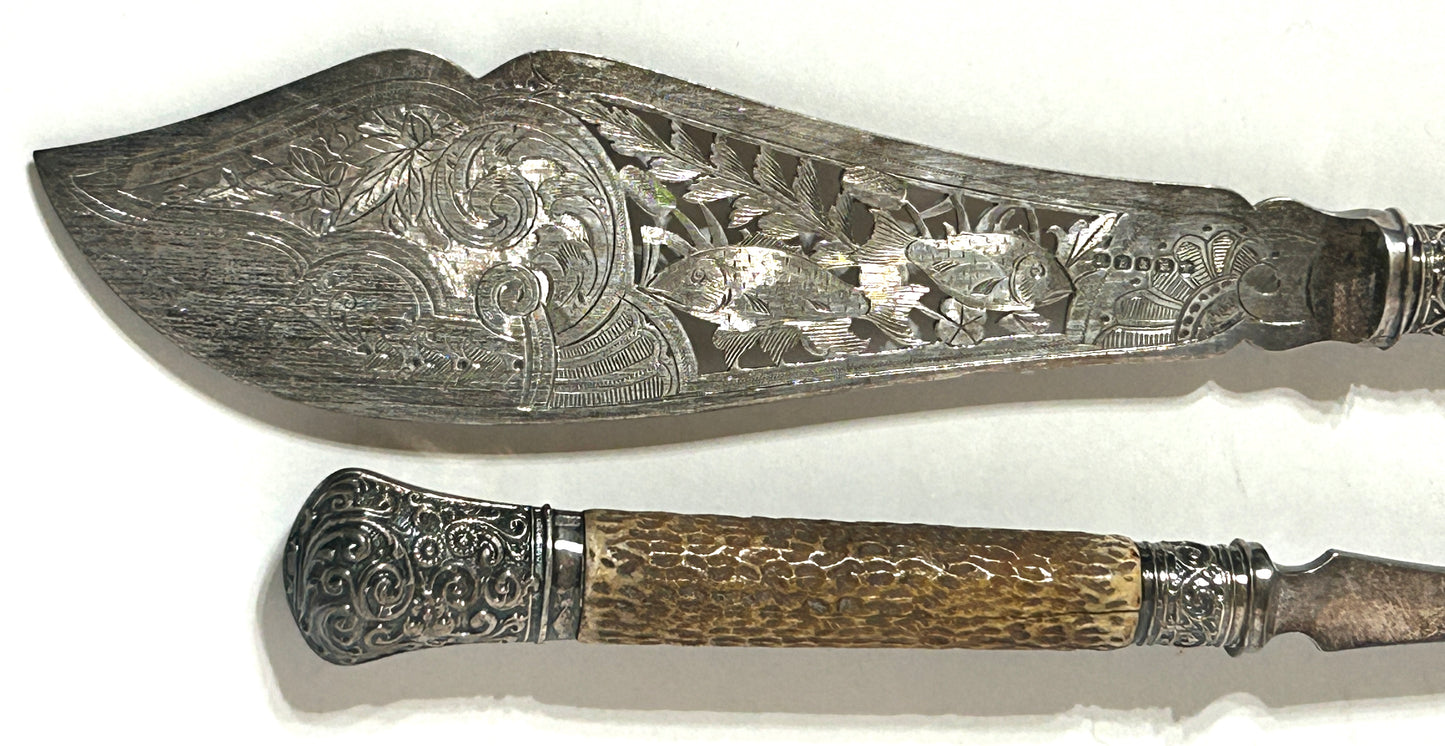 ANTIQUE FISH SERVER AND FORK STERLING AND ANTLER
