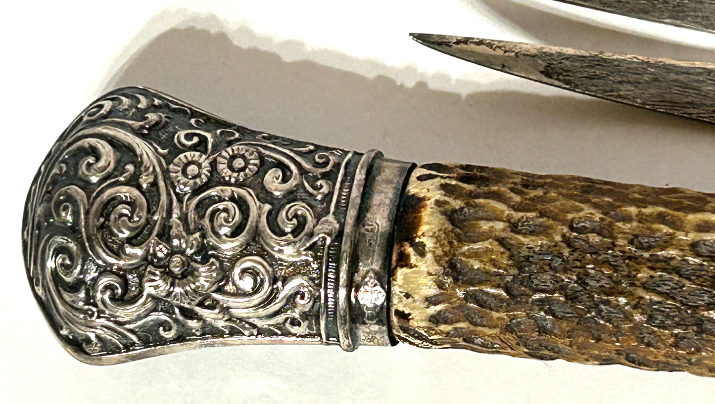 ANTIQUE FISH SERVER AND FORK STERLING AND ANTLER