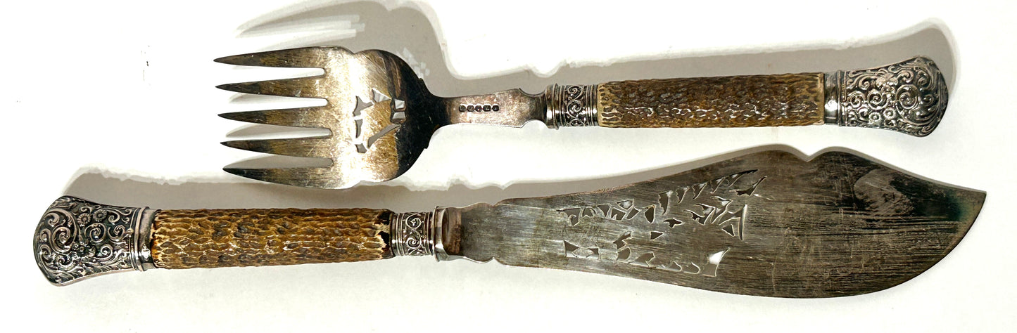 ANTIQUE FISH SERVER AND FORK STERLING AND ANTLER