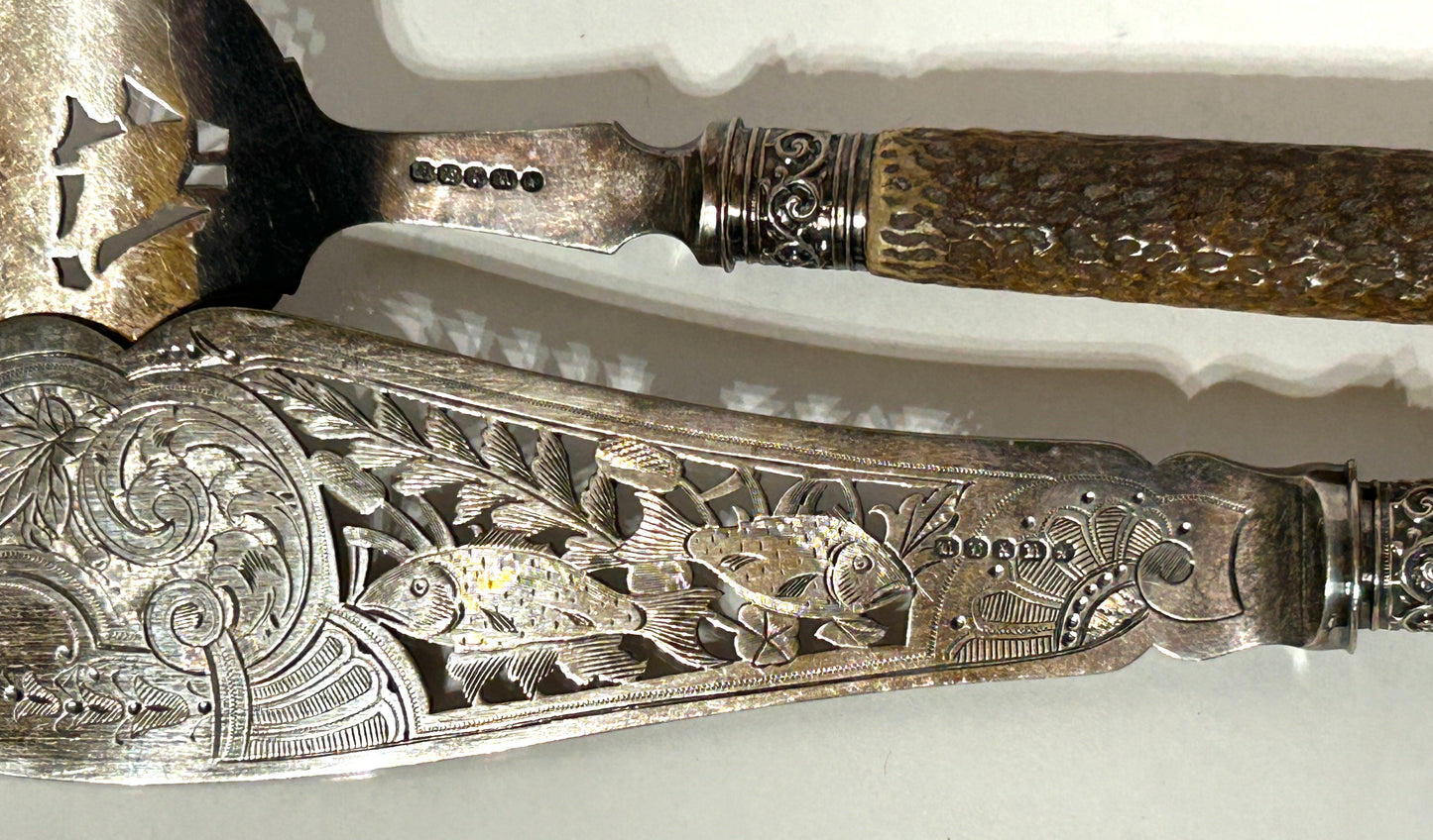 ANTIQUE FISH SERVER AND FORK STERLING AND ANTLER