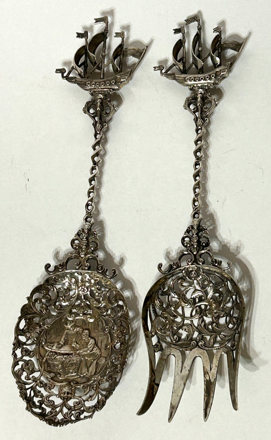 SILVER FANCY RETICULATED SERVING FORK AND SPOON WITH SHIP FINIALS