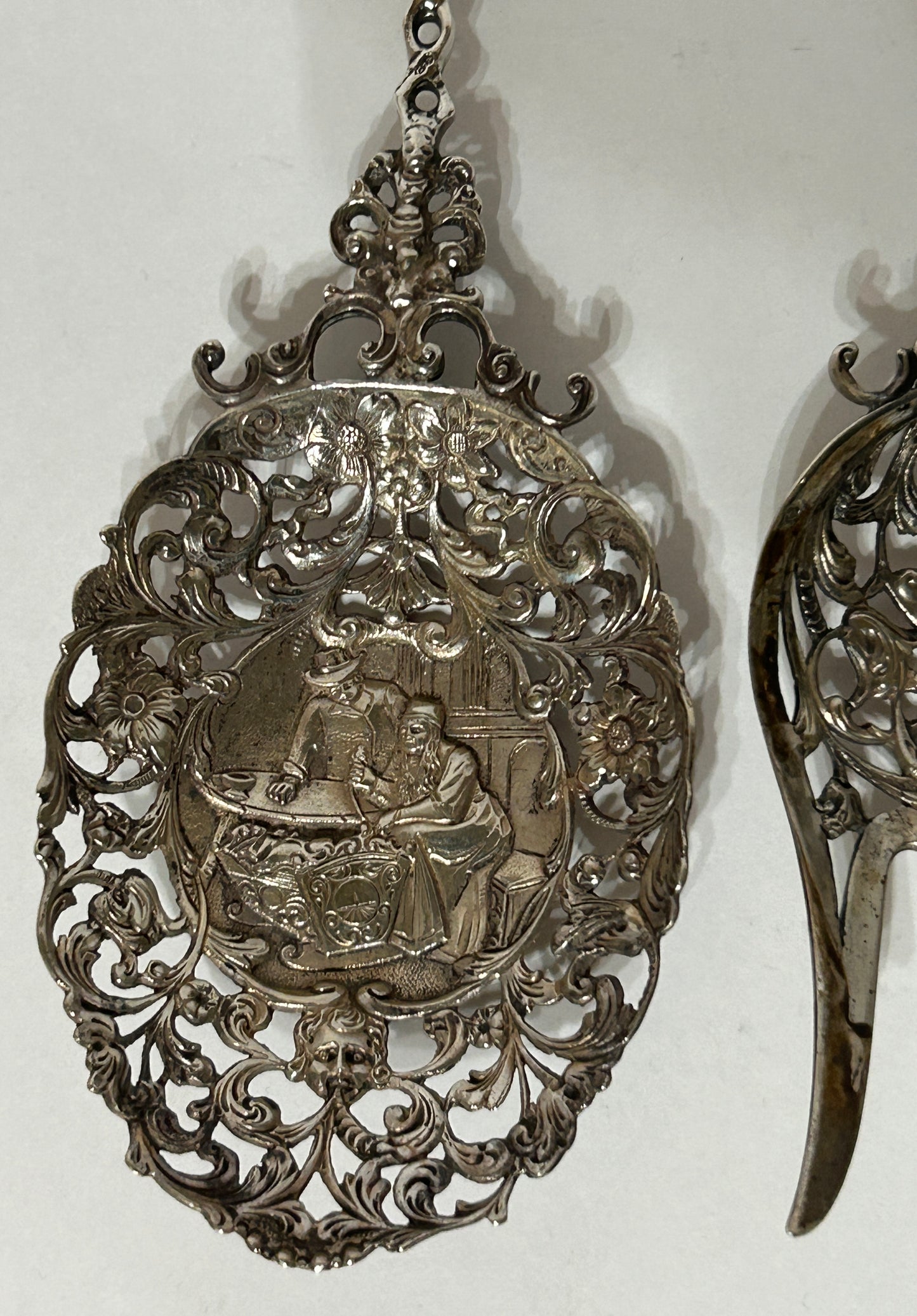 SILVER FANCY RETICULATED SERVING FORK AND SPOON WITH SHIP FINIALS