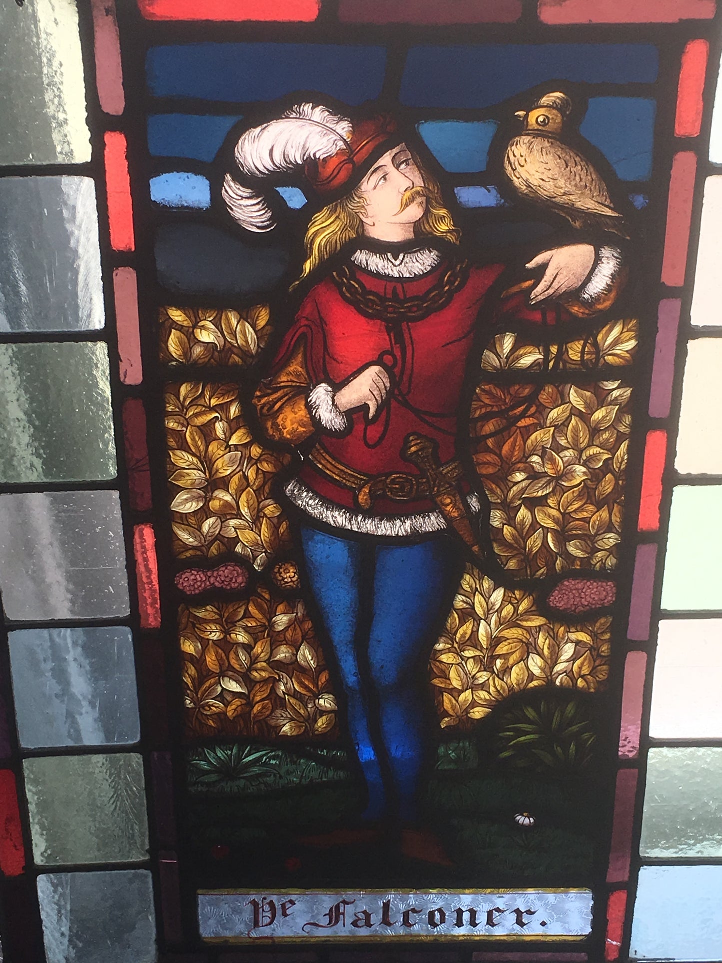 ANTIQUE FIGURAL STAINED GLASS WINDOW WITH FALCONER AND MAIDEN