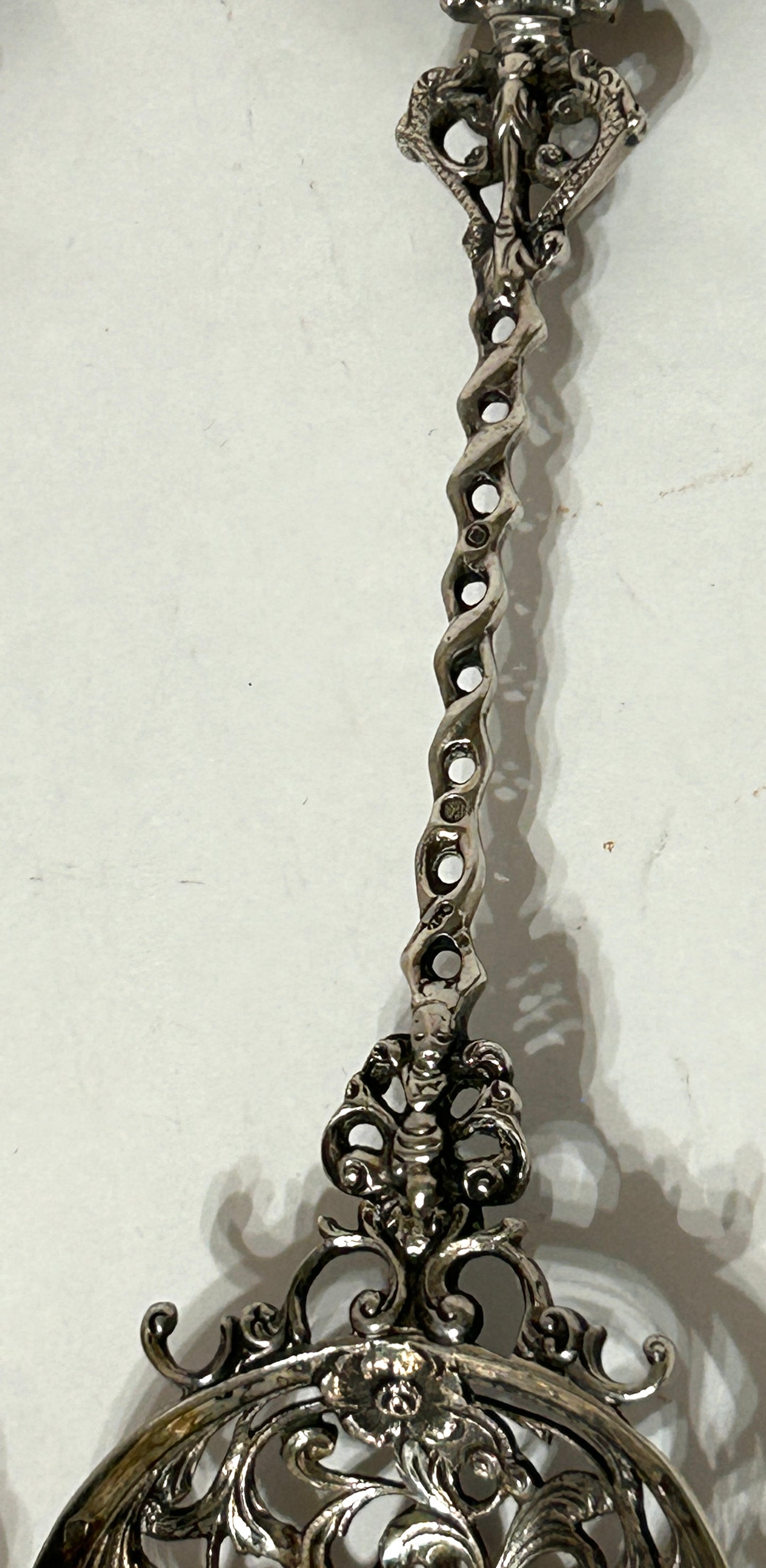 SILVER FANCY RETICULATED SERVING FORK AND SPOON WITH SHIP FINIALS