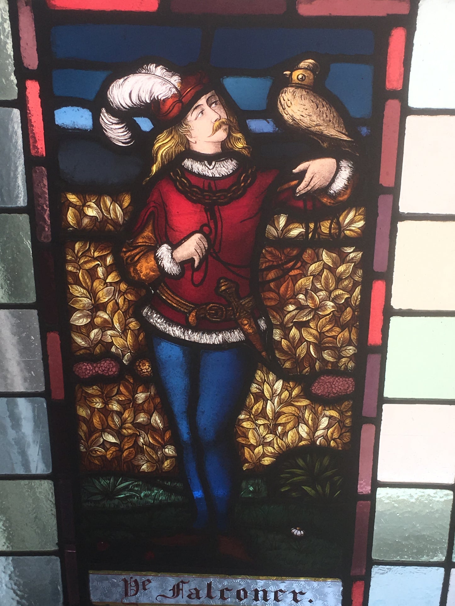 ANTIQUE FIGURAL STAINED GLASS WINDOW WITH FALCONER AND MAIDEN